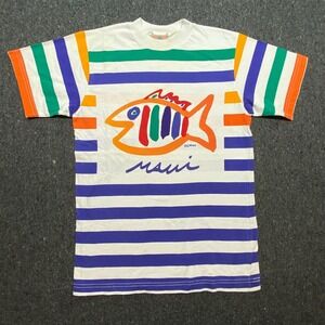 SGT Leisure 90s Surf Unisex Small Maui Fish Graphic Striped White T-Shirt Cotton